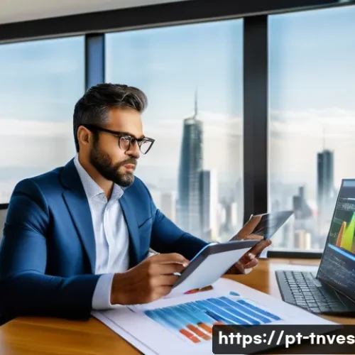 Home 27 최적의 분산 투자 비율 결정하기 - A professional Brazilian investor in a modern home office, analyzing financial charts on multiple co...