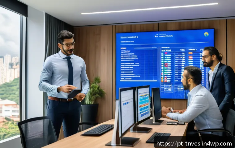 위험 감수를 위한 분산 투자 방법 - A detailed and modern financial advisor’s office scene in Brazil, showing a diverse group of profess...